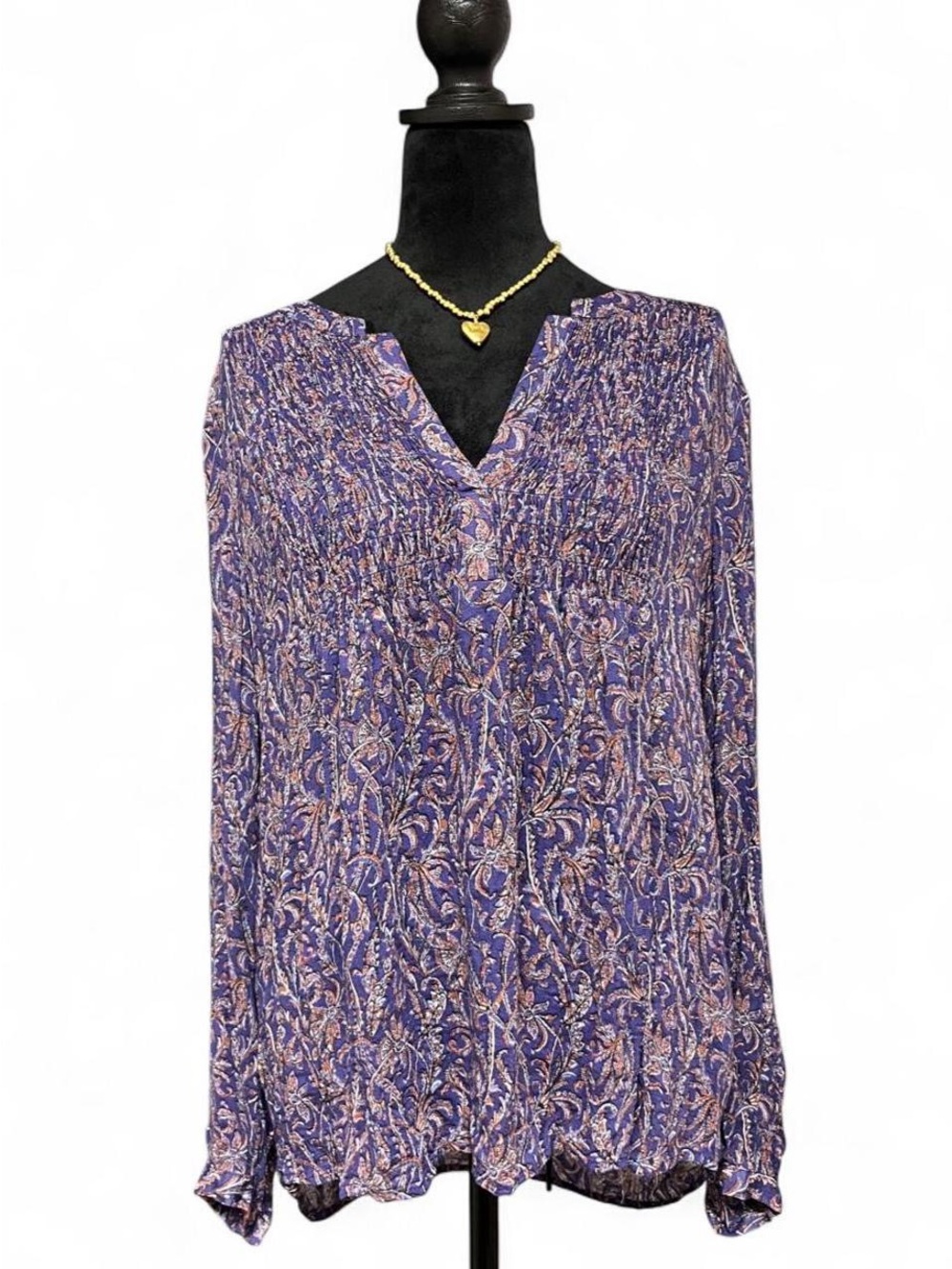 Lucky Brand Purple Paisley Smocked Boho Blouse Size Large